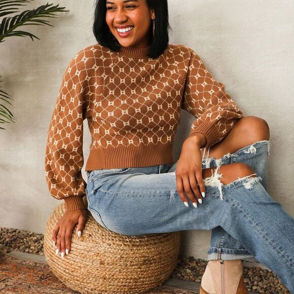 Buckle | Willow & Root Open Back Tie Sweater Brown Print Neutral Size Small BKE - Picture 1 of 11